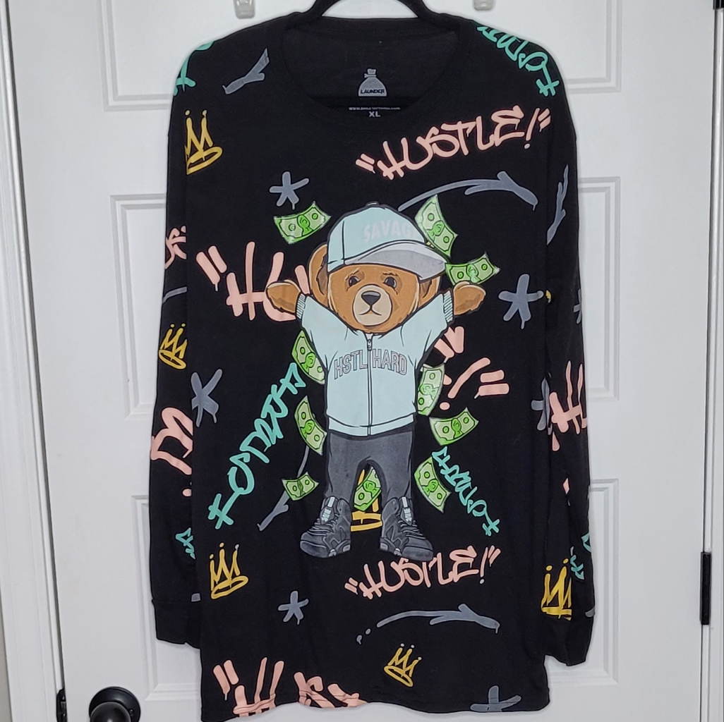 Launder Mens Xl Hustle Hard Bear Long Sleeve